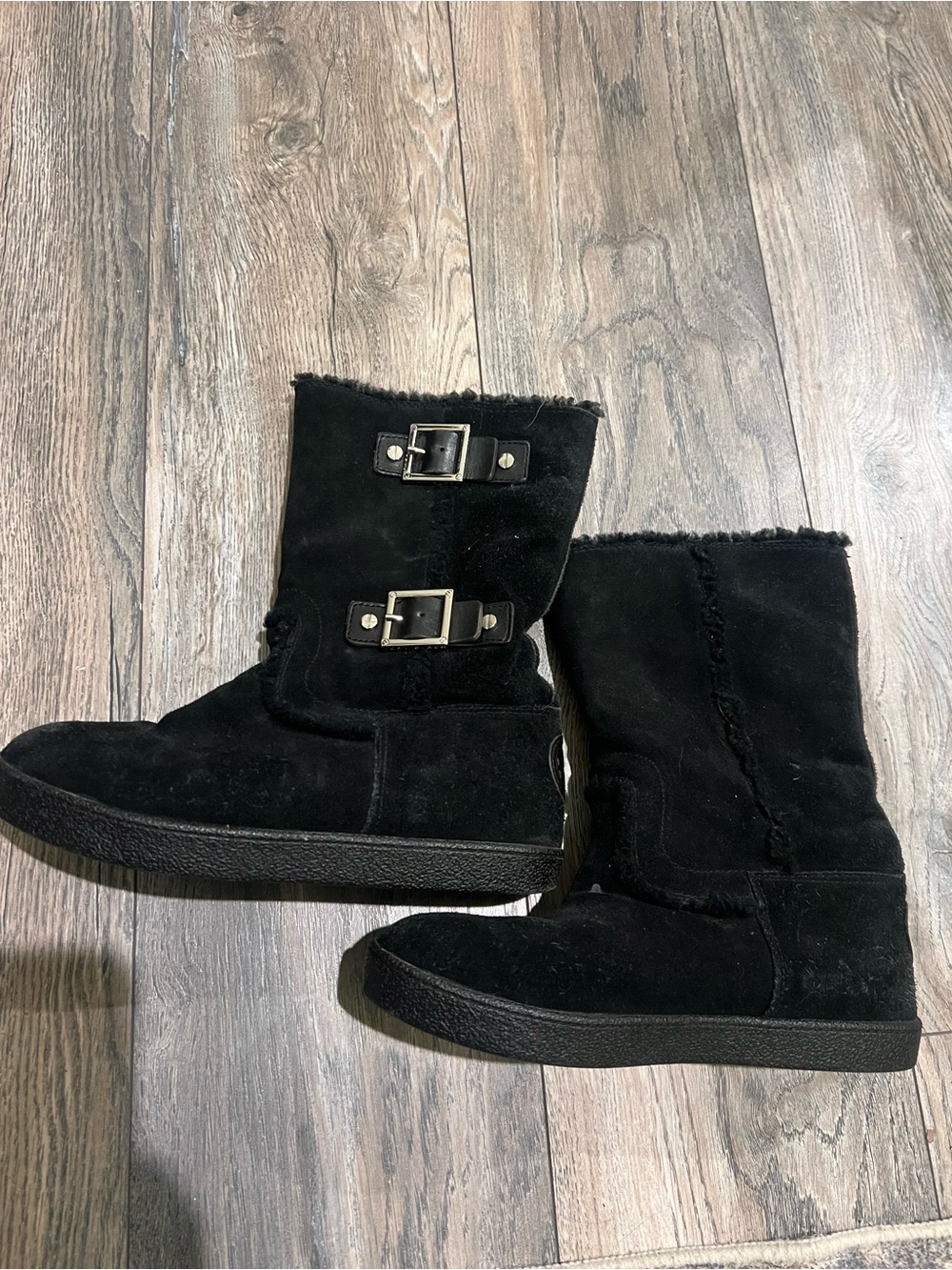 Tory Burch Black Suede Shearling-Lined Buckle Winter Boots